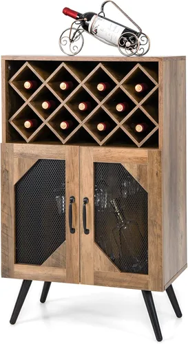 Giantex Armario de bar de vinos de granja, estante para 11 botellas, gabinete de buffet con almacenamiento, aparador de cocina industrial, diseño