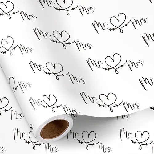 RUSPEPA - Rollo de papel para envolver regalos de boda, mini rollo, diseño en blanco y negro de Sr. y Sra. con patrón de corazón y flecha, papel de
