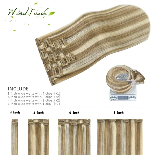 Miniatura 3 de WindTouch - Extensiones de cabello humano con pinzas, color rubio decolorado combinado, para cabello rubio, 2.47 onzas, N.° 18P613, 12 pulgadas, 7