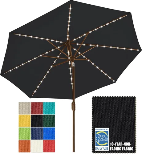 EliteShade USA - Sombrilla solar de 9 pies / 2.74 metros, 10 años sin decoloración, con 80 luces LED para patio, mesa al aire libre, con Negro