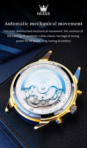 Miniatura 67 de OLEVS Reloj de pulsera automático con diseño de esqueleto para hombre, de lujo, con diamantes de lujo, de acero inoxidable, calendario, reloj