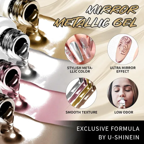 Miniatura 2 de Juego de esmaltes de gel de pintura de espejo metálico de 4 x 0.4 fl oz, esmalte de uñas de gel pintado con efecto cromado espejo, gel de dibujo