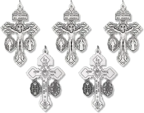 Gifts Catholic, Inc. Lote de 5 Crucifijo de indulgencia de perdón con medalla milagrosa y medalla de San Benito 2 1/8", metal, cerámica, plata