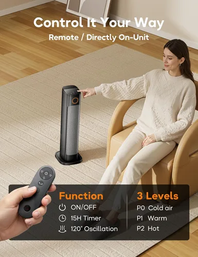 Miniatura 4 de Combo de calentador de patio y ventilador para uso en interiores con 3 niveles de calor, torre de 1500 W, espacio eléctrico portátil al aire libre