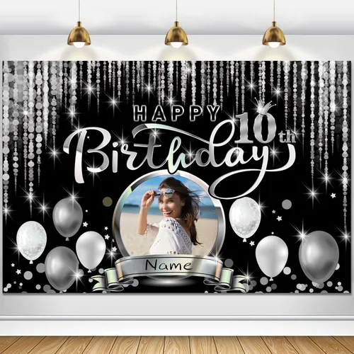 Miniatura 36 de Cartel de decoración de feliz cumpleaños número 100 personalizado - Personalización disponible - Negro y plateado - Tamaño grande - Admite fotos