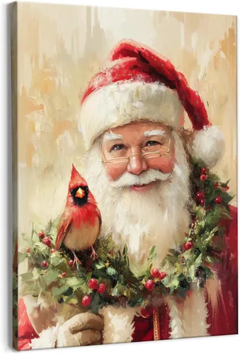 Qabliqo Arte de pared enmarcado con diseño cardenal de Papá Noel, decoración rústica de pared de Navidad, vacaciones de invierno, póster de lienzo
