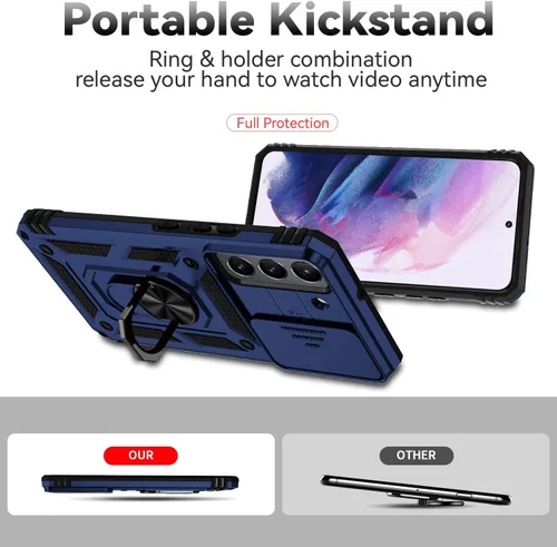 Miniatura 7 de Funda para Samsung Galaxy S22 Plus con cubierta para lente de cámara, protector de pantalla HD, soporte de anillo magnético probado contra caídas