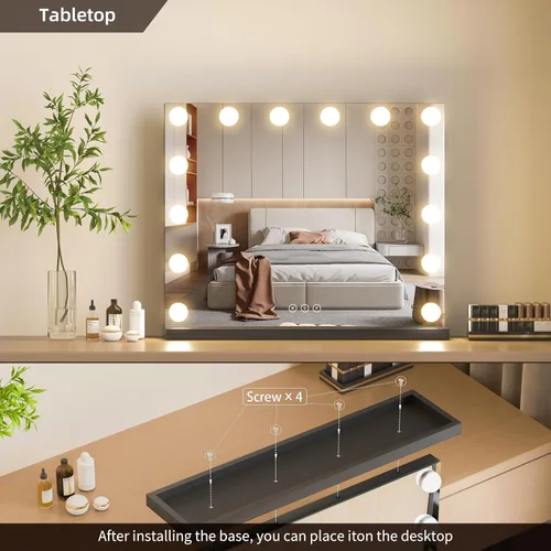 Miniatura 6 de Espejo de tocador con luces, espejo de maquillaje iluminado con bombillas LED regulables, 3 modos de iluminación de color, puerto de carga USB, Negro