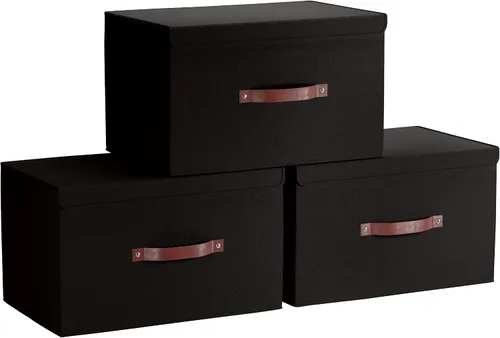 Ornavo Home Paquete de 3 contenedores de almacenamiento plegables con tapa, cesta de almacenamiento plegable de tela de lino, organizador de armario