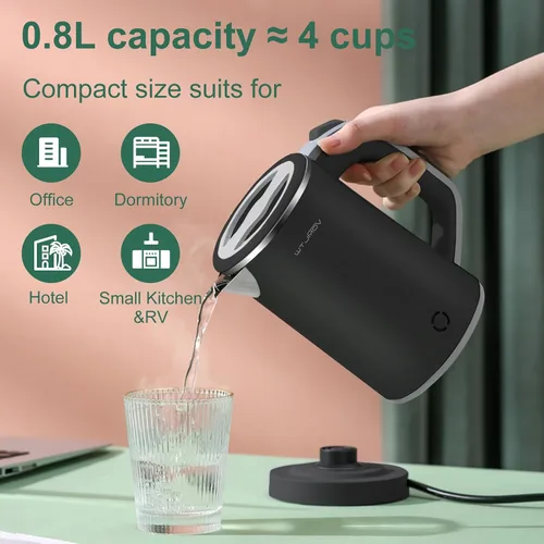 Miniatura 9 de Hervidor Eléctrico Pequeño, 0.8L Hervidor de Viaje Portátil de Doble Pared con Acero Inoxidable 304, Mini Hervidor de Agua Caliente de 600W