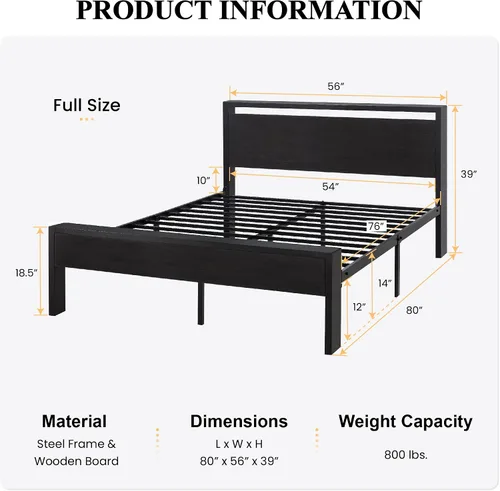 Miniatura 2 de SHA CERLIN Armazón de cama de plataforma metálica de tamaño completo de 14 pulgadas con cabecero y pie de cama de madera, base de colchón, no Roble