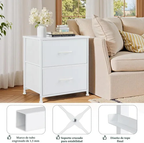 Miniatura 4 de Mesita de noche, pequeña cómoda de 2 cajones mesa auxiliar muebles de cabecera, contenedores de tela con superficie de madera para dormitorio, Blanco