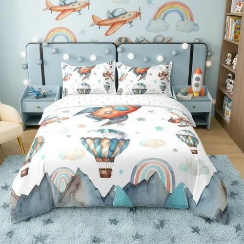 Miniatura 19 de 100% Algodón Natural Acuarela Juego de Ropa de Cama con Diseño Marino para Niños y Niñas, Juego de Cama con Estrella de Mar y Caracol Azul, Juego
