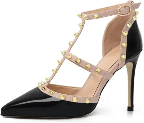 Miniatura 4 de Eithy Sandalias de verano con tiras de tacón medio y alto para mujer, con puntera puntiaguda, para fiestas, uso diario, sandalias de noche, Oro