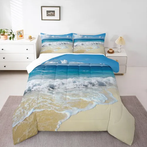 Miniatura 2 de Juego de edredón de olas oceánicas para niños, niñas, adolescentes, Queen, edredón de playa hawaiana con olas espumosas, temática de vacaciones