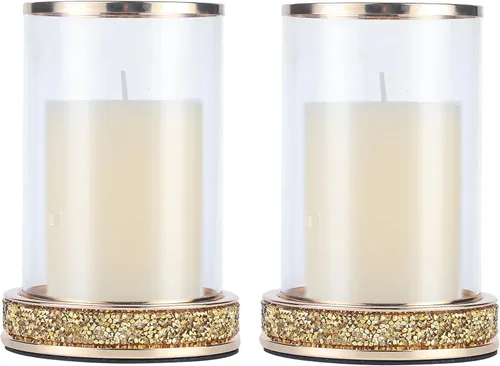 Juego de 2 portavelas de pilar, portavelas de huracán, portavelas con tapa de cristal para huracán, portavelas de metal para mesa de comedor de