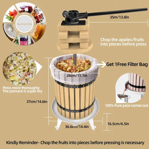 Miniatura 2 de SQUEEZE master Prensa de Frutas de 4.75 galones/18 litros, cesta de madera maciza, prensa de vino, exprimidor tradicional vintage, 6 bloques de Negro