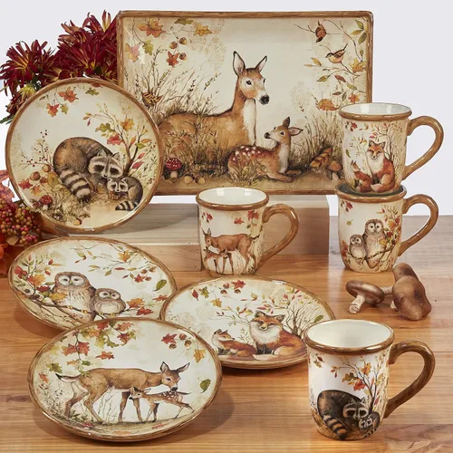 Miniatura 3 de Pine Forest - Tazas de cerámica Woodland de 16 onzas, juego de 4 tazas de café de vida silvestre otoñal con zorro, búho, ciervo y mapache, ideal