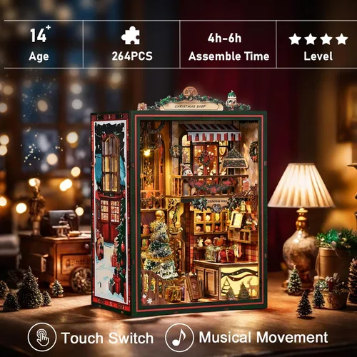 Miniatura 2 de Kit de Rincón de Lectura de Tienda de Navidad, Kit de Casa en Miniatura DIY con Luces LED y Música Rotativa - Rompecabezas 3D de Madera