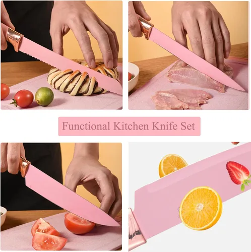 Miniatura 2 de Juego de cuchillos de cocina con bloque, juego de utensilios de cocina de silicona rosa de 19 piezas y juego de cuchillos de acero inoxidable
