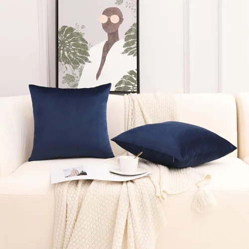 Miniatura 4 de Juego de 2 fundas de cojín decorativas de terciopelo suave de 18 x 18 pulgadas, color azul marino para sofá, cama y sofá