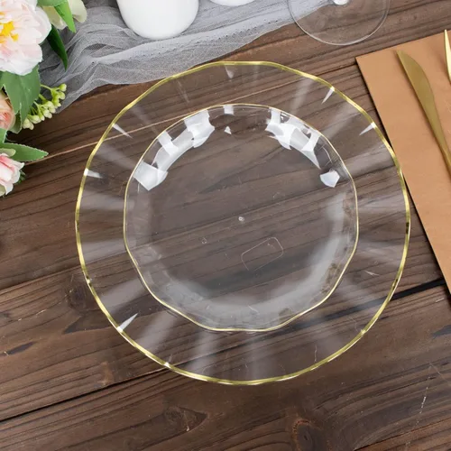 Miniatura 185 de Tableclothsfactory Paquete de 10 platos redondos de plástico negro de 6 pulgadas para ensalada de postre, platos desechables con borde ondulado