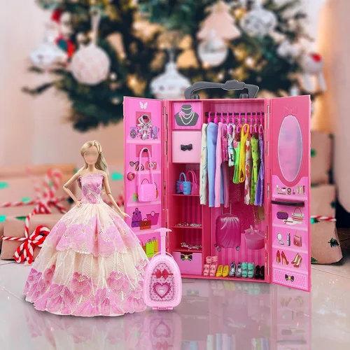 Miniatura 7 de ZITA ELEMENT Armario de muñecas de 11.5 pulgadas con ropa y accesorios, juego de 101 piezas, incluye armario, maleta, vestidos, trajes de baño