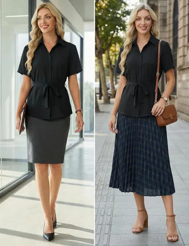 Miniatura 6 de Blooming Jelly Camisa con botones para mujer, cuello con lazo, manga corta, casual, para negocios, blusa de trabajo a la moda de verano