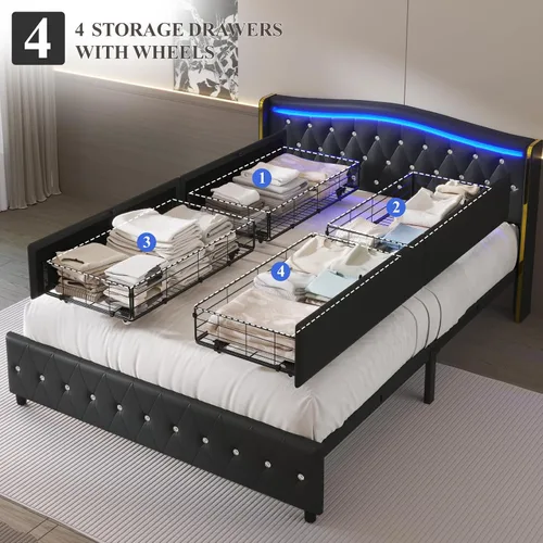 Miniatura 9 de E-Motie Base de cama tamaño completo con cabecera tipo wingback, plataforma tapizada con luces LED RGB, estación de carga, 4 cajones
