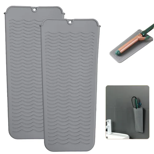 Miniatura 15 de Alfombrilla de silicona resistente al calor con agujero para colgar, alfombrilla de viaje y bolsa resistente al calor para rizador, plancha Gris