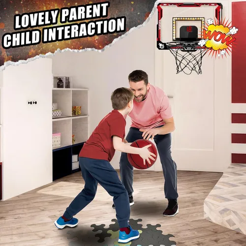 Miniatura 7 de KIZJORYA Aro de Baloncesto para Interiores, Mini Aro de Baloncesto con Luz para Niños con Marcador Electrónico y 4 Pelotas, Tablero Plegable
