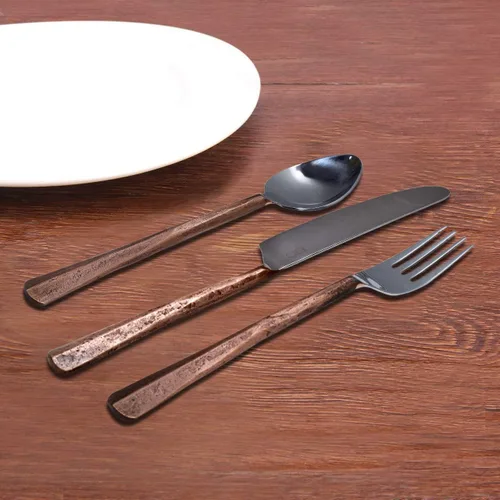 Miniatura 3 de Bold & Divine Ridge Copper - Juego de cubiertos de acero inoxidable de 5 piezas, incluye cuchillo, tenedor/cuchara, cubiertos de acero inoxidable