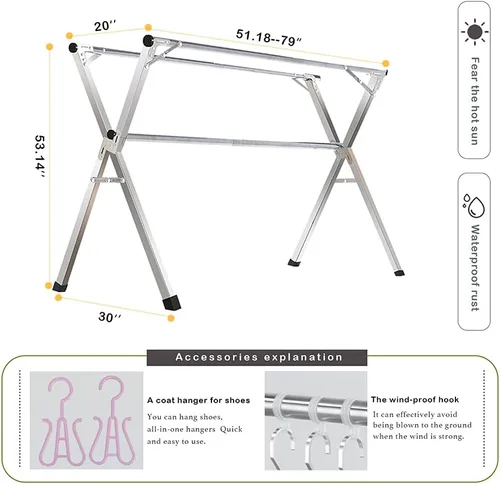 Miniatura 5 de AIODE Estante de secado de ropa plegable para ropa sucia, 79 pulgadas, de acero inoxidable, para exteriores, colgador de ropa para interiores