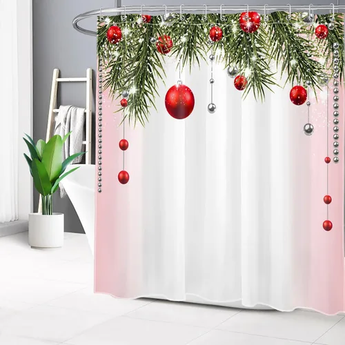 Miniatura 13 de Cortina de ducha de Feliz Navidad, bolas de Navidad azules y ramas de pino verde en tela blanca moderna, cortina de ducha para baño, cortina de baño