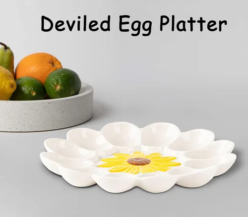 Miniatura 2 de YU&CH Bandeja de huevo Deviled de girasol de cerámica - Plato de huevo blanco para fiesta