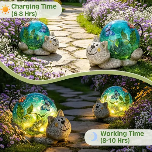 Miniatura 3 de Afirst Estatuas solares de jardín para exteriores, adorno de césped de gato con luces solares de vidrio agrietado, decoración al aire libre