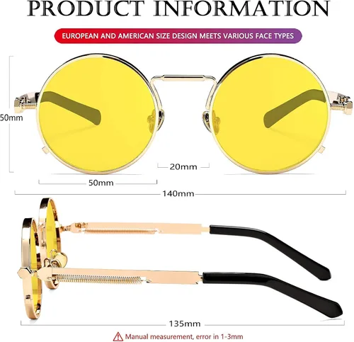 Miniatura 7 de AIEYEZO Gafas de sol redondas Steampunk Circle Lennon Gafas de sol góticas marco de metal 100% lente de bloqueo UV