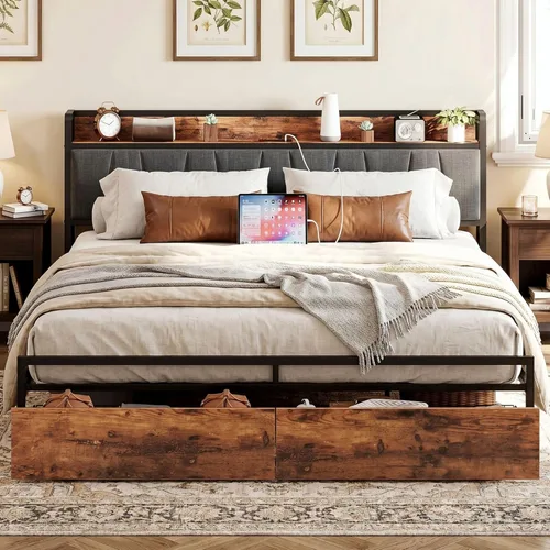 LIKIMIO Base de cama tamaño King, cabecera de almacenamiento con estación de carga, cama de plataforma con cajones, no necesita somier, fácil Marrón