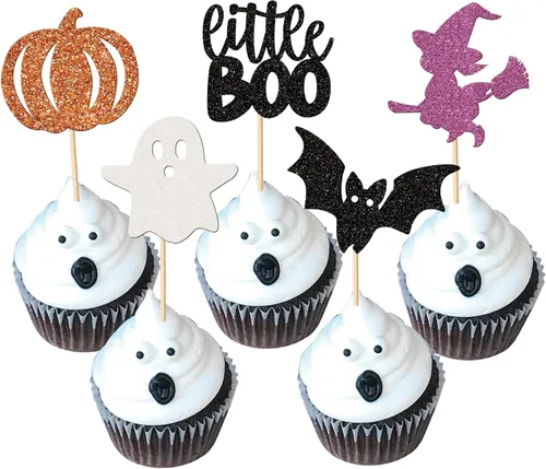 Miniatura 20 de Rsstarxi Paquete de 24 adornos para cupcakes Little Boo con purpurina, bruja, gato, calabaza, castillo, fantasma, magdalenas, alimentos, decoración