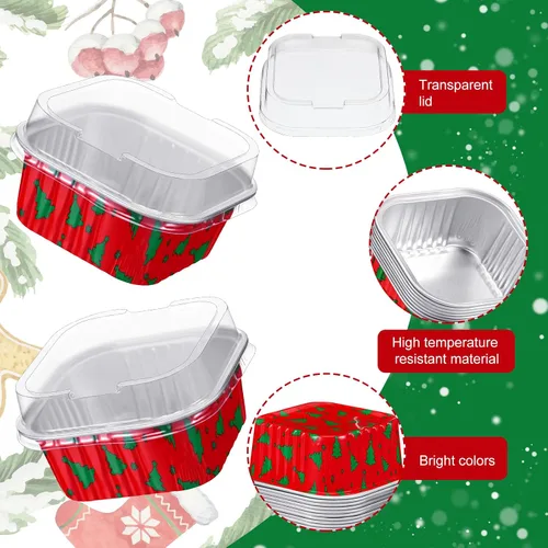 Miniatura 3 de 100 piezas de tazas de aluminio para Navidad, contenedor de cupcakes de papel de aluminio con tapas, 5 onzas, molde cuadrado de papel de aluminio