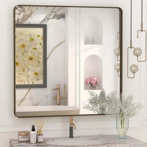 Miniatura 64 de Paquete de 2 espejos de baño con marco de metal negro de 22 x 30 pulgadas, espejo rectangular redondeado negro mate, antioxidante, se cuelga