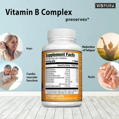 Miniatura 4 de Complejo de vitamina B, 180 tabletas veganas, todas las vitaminas B, incluyendo B12, B1, B2, B3, B5, B6, B7, B9, ácido fólico, para el estrés