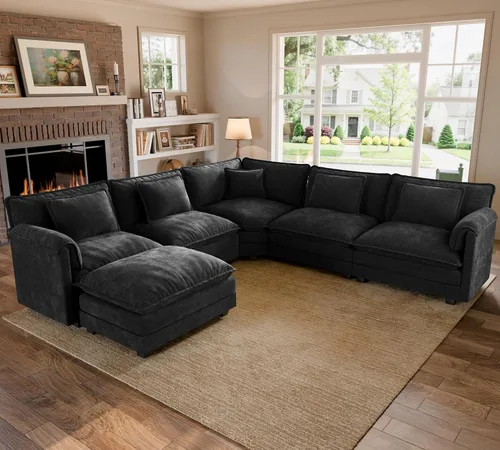 Miniatura 54 de ELUCHANG Sofá modular de gran tamaño de 79 pulgadas, cómodo sofá en forma de nube para sala de estar, sofá en forma de L con otomana, sofá de Negro