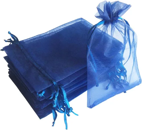 Miniatura 15 de 100 unidades por paquete, bolsas de envoltura de regalo de 5 x 7 pulgadas, ratán azul, tela transparente de organza, bolsas con cordón para regalos