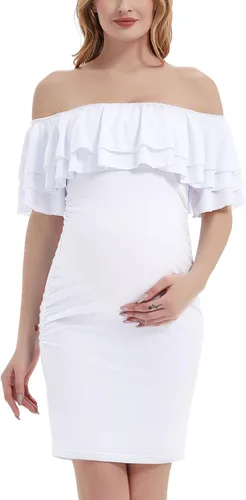 Bhome Vestido de maternidad con hombros descubiertos, vestido de verano para baby shower, vestido de embarazo con doble volante, para sesión de fotos