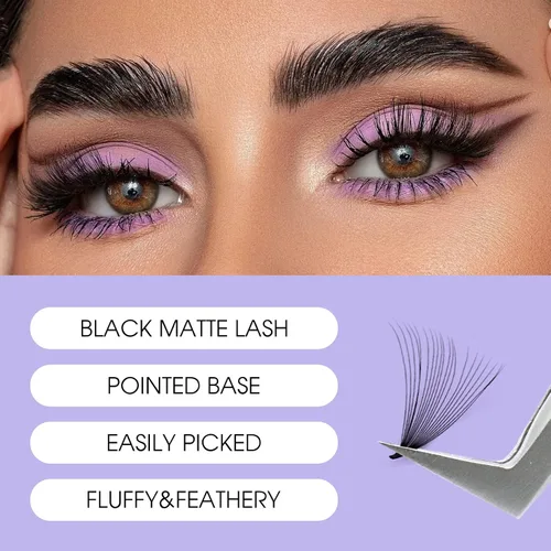 Miniatura 6 de Extensiones de pestañas postizas prefabricadas en abanico de WENDY LASHES, 1200 piezas, con volumen, rizado D, raíces cortas, base puntiaguda, 20D