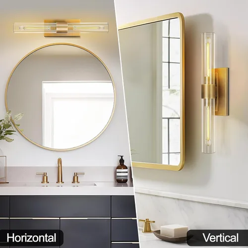 Miniatura 2 de Apliques de pared modernos de latón y vidrio, luces de tocador de 24 pulgadas para baño, 2 luces, aplique de pared lineal horizontal o vertical