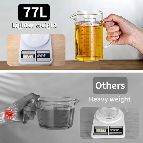 Miniatura 4 de 77L Taza medidora de vidrio, [escala de medición doble cara, mango aislado, pico en forma de V], taza medidora de vidrio de borosilicato alto