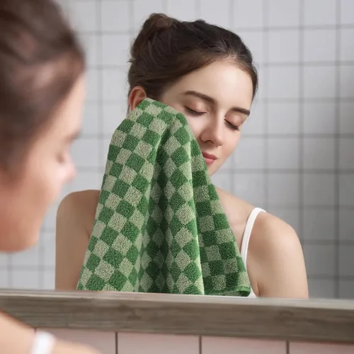 Miniatura 7 de Jacquotha Paquete de 4 toallas de mano suaves, juego de toallas faciales a cuadros verdes para baño, toallas de cocina decorativas de secado rápido