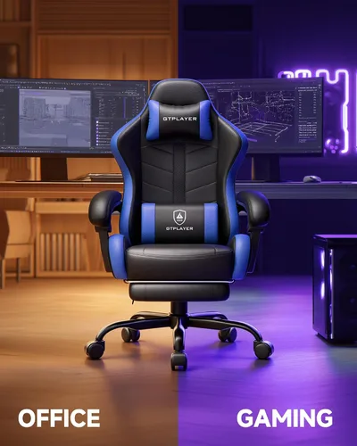 Miniatura 4 de GTPLAYER Silla de juegos para adultos, silla ergonómica para juegos de computadora con reposapiés, altura ajustable, reclinación de 90-155° y Azul